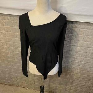 NWT Amazon Black Ribbed Long Sleeve Asymmetrical Neck‎ Bodysuit Size Large